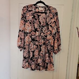 Floral Blouse/Dress, Sz XL, Black&Pink, Lightweight, 1/2 Sleeve, Button Down